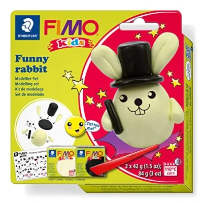 Imagen de STAEDTLER 8035 20 FIMO Juego de arcilla para modelar niños, &quot;Funny Rabbit&quot; (paquete 2 bloques Kids, calcomanías y herramientas modelado)
