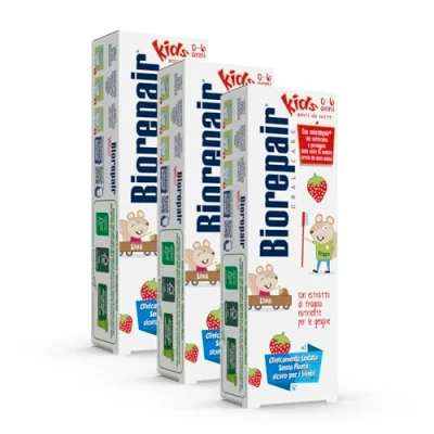 Imagen de Biorepair ® pasta de dientes para niños, 0 6 años, niños sin flúor, sabor a frutas, anticaries, encías sanas, 3 unidades x 50 ml