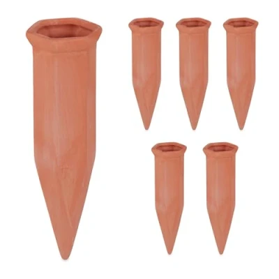 Imagen de Relaxdays Juego 6 Picos Riego Plantas Interior y Macetas Balcón, Cono Regador de 17 x 5,5 5 cm, Arcilla, Terracota, Aluminio, 6er Set