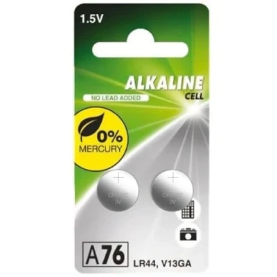 Imagen de Pila alcalina LR44 A76, libre de mercurio, empaquetada en 2 unidades. Dimensiones: 11,60 x 5,40 mm. Tensión 1,5 V y capacidad 110 mAh.