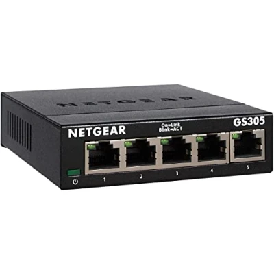 Imagen de NETGEAR Switch Gigabit de 5 puertos GS305 300PES (diseño sin ventilador, fácil instalación Plug and Play, Capa 2, carcasa metálica resistente, ahorro energía, conectores RJ45 metálicos)