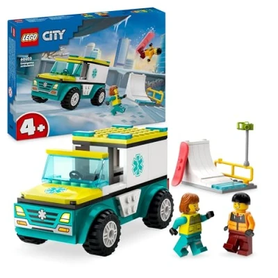 Imagen de LEGO City Ambulancia de Emergencias y Chico con Snowboard, Juego Infantil Vehículo Médico Juguete, Minifiguras Paramédica Snowboarder, Regalo para Niños Niñas 4 Años o Más 60403
