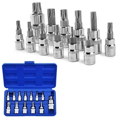 Imagen de Juego de 13 piezas llaves vaso Torx T8 T70 S2 Socket acero, torx, punta estrellado Hexagonal y adaptador Allen hexagonales Taller Mecanico Caja
