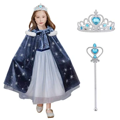 Imagen de URAQT Disfraz Princesa Niña, 3pcs Capa con Vestido Princesa, Corona y Varita, Niña Capa, Halloween para Carnaval Navidad Cumpleaños Fiesta Cosplay