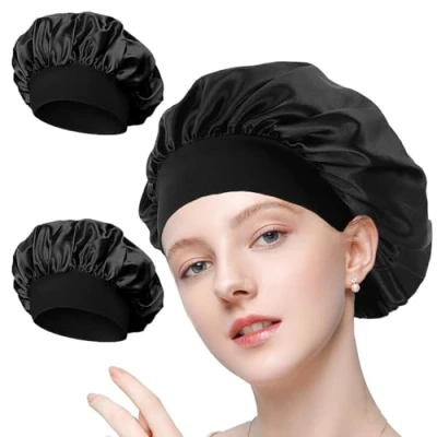 Imagen de 2 Piezas Gorro De Seda Para Dormir,Gorro Saten Pelo Rizado,Silk Bonnet Rizado,Gorro Dormir Saten,Negro