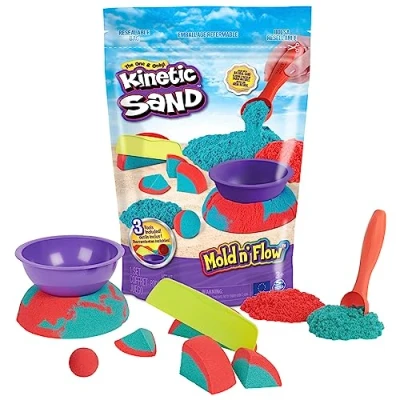 Imagen de Kinetic Sand, Mold N&#039; Flow, 680 g, arena en 2 colores, rojo y verde, 3 herramientas para modelar crear, juego niños niñas, a partir de años