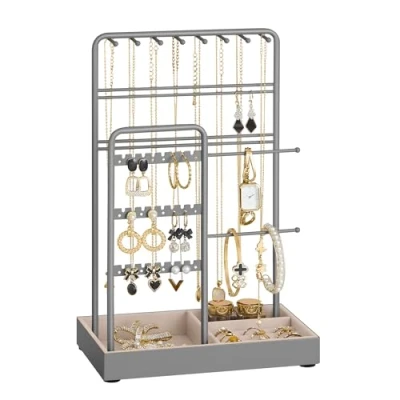 Imagen de SONGMICS Soporte para Joyas, Organizador de Expositor Marco Metal, Bandeja Terciopelo, Collares, Pulseras, Pendientes, Tachuelas, Anillos, Regalo, Gris Paloma JJS021G01