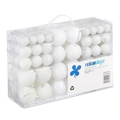 Imagen de Relaxdays Set de 100 Bolas, Decoración navideña, Mate, Brillante, Árbol Navidad, ∅ 3,4 &amp; 6 cm, Blanco, 7 x Unidades