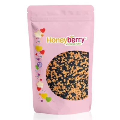 Imagen de HONEYBERRY INCLUSIONS Chispas de confeti Halloween 200 g (negro y naranja) Decoración comestible para hornear, decoraciones cupcakes pasteles, helados postres