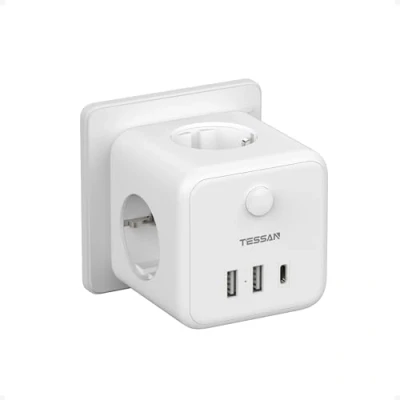Imagen de TESSAN 6 en 1 Cubo Ladron Enchufes con 3 Tomas CA y USB, 15W Cargador USB C, Triple Enchufe Multiple Interruptor, 2500W Regleta Pared Compatibles para Sala de Estar, Dormitorio, Oficina, Blanco