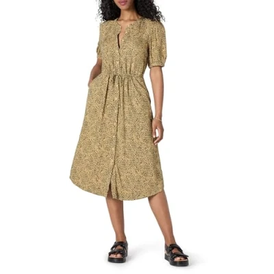 Imagen de Amazon Essentials Vestido evasé Midi Ajustado en la Cintura de Corte Holgado con Media Manga Mujer, Negro Camel Estampado Animales, S