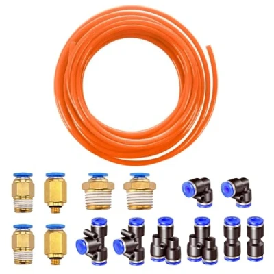 Imagen de HUAZIZ 10m Manguera Aire Poliuretano, 4mm de PU Tubo naranja + 14Pcs Air Push Quick Fittings,Conectores Neumáticos Impresora, Conexión Rápida Tuberías