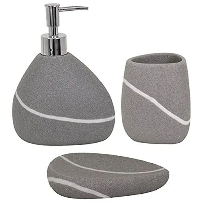 Imagen de MSV Set de 3 accesorios baño poliresina, dispensador jabón, jabonera, vaso para cepillos dientes, gris piedra Zen