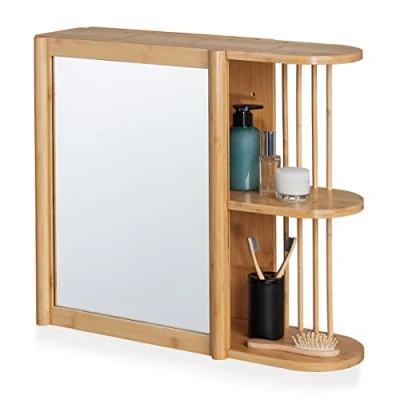 Imagen de Relaxdays Estante de Pared Mueble Baño con Espejo Bambú, 2 Compartimentos Semiabiertos, 53 x 62 20 cm, Armario Colgante, Natural