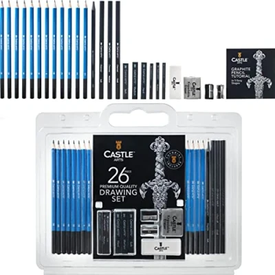 Imagen de Castle Art Supplies Juego Premium de 26 Uds. Para Dibujo y Bosquejo Artistas, Profesionales o Principiantes Lápices, Carboncillo, Grafito Mucho Más Organizadas en un Estuche Portátil