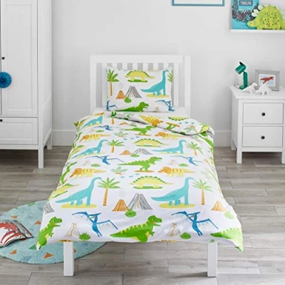 Imagen de Bloomsbury Mill Juego de Funda Nórdica Reversible para Niños Dinosaurios Jurassic Edredón Individual Dino y Almohadas Cama Infantil 135 x 200 cm