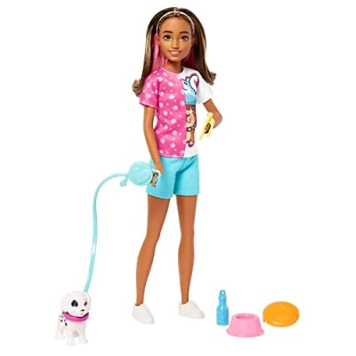 Imagen de Barbie Skipper Primeros Trabajos Paseadora de Perros Muñeca Morena con Mascota y Accesorios, Juguete +3 años (Mattel HKD77)