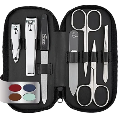 Imagen de marQus Set manicura de 7 piezas Solingen, Alemania y pedicura en estuche cuero auténtico con 2 tijeras, cortaúñas, limas (una cristal) pinza, para hombre mujer