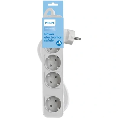 Imagen de Philips CHP2144W Regleta de 4 Enchufes, Bloqueo Alimentación, 1.440W, Cable Alimentación Trenzado 1.5 Metros Alta Resistencia, Cierre Seguridad (Indicador LED Prot) Color Blanco