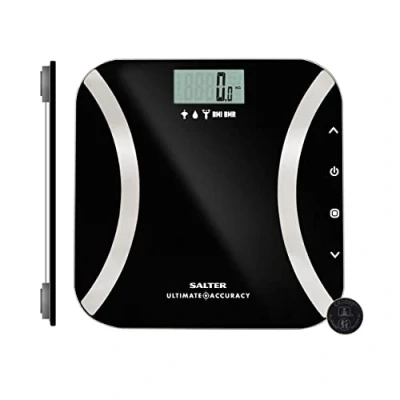 Imagen de Salter 9173 BK3R Báscula de baño analizadora máxima precisión digitales, mide grasa y agua corporal, masa muscular, IMC TMB, memoria para 12 usuarios, modo atleta/niño, máx.180 kg, negra