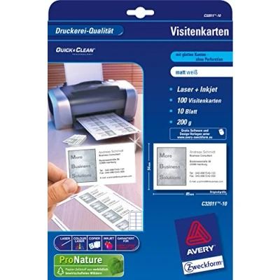 Imagen de Avery Dennison Zweckform Quick&amp;Clean ILK Tarjetas de visita para imprimir (5000 unidades, en 500 hojas tamaño A4, 200 g/m², 85 x 54 mm) color blanco mate
