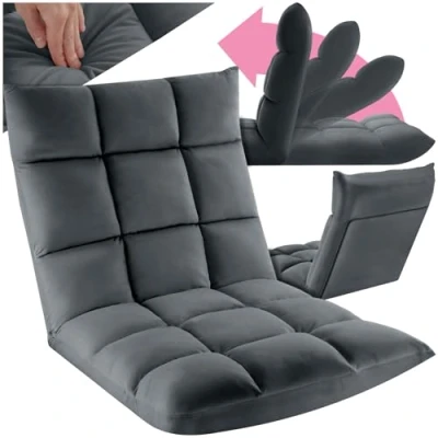 Imagen de TecTake® Sillon Plegable Lectura, Silla de Suelo Ajustable para Tatami, Terciopelo, Respaldo Flexible en 14 Posiciones, Sofa Estructura Acero, Yoga, cómodo cojin Gris
