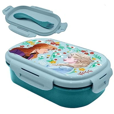 Imagen de Fiambrera Frozen con tenedor, lonchera de dos compartimentos juego cubiertos para niños, contenedor alimentos 21 cm, regalo escolar niñas