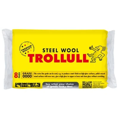 Imagen de TROLLULL Lana de acero Wire Wool extrafina 0000 pule madera encerada, cobre, latón y superficies mate, limpia vidrio, 8 almohadillas 200 g
