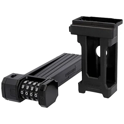 Imagen de FISCHER Candado plegable para bicicleta Protec FN85, rodillo numérico de 4 velocidades con 10.000 combinaciones números, varillas recubiertas plástico, incluye soporte y cintas velcro