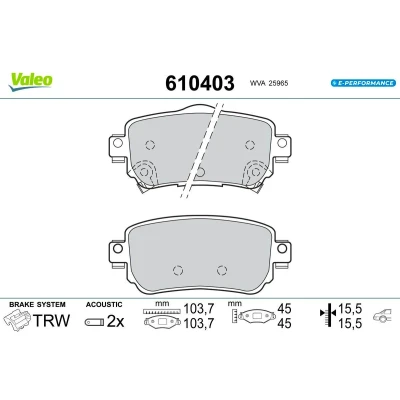 Imagen de Valeo E PERFORMANCE, Pastillas de freno, 610403, Sef 4 pastillas, Eje trasero, Totalmente equipadas con accesorios montados y no montados, Valeo, Experto en frenado desde 1923
