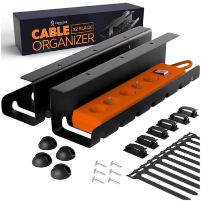 Imagen de Organizador Cables Escritorio (Set de 2) Acero Negro Montaje Sencillo Bandeja Robusta y Práctica