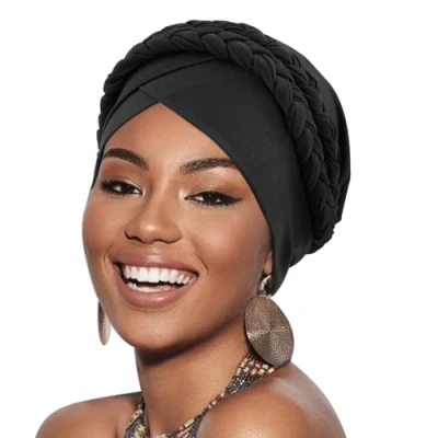 Imagen de DRESHOW Turbante Africano para Mujeres Doble Preatado Trenzado Envoltura de Cabeza Sombreros Moda Gorra Dormi Gorro cáncer quimio