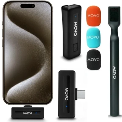 Imagen de Movo micrófono inalámbrico Mini UC ultra compacto para iPhone 15 con adaptador de mano WMX HM, solapa soporte mango creadores contenido, entrevistas, informes y más