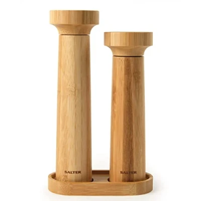 Imagen de Salter 7614 WDXR Molinillos De Sal Y Pimienta Eco Bambú, Salero Pimentero Con Un Mecanismo Cerámica, Molienda Ajustable Fina A Gruesa, Práctico Soporte Para Mantener El Conjunto Incluido