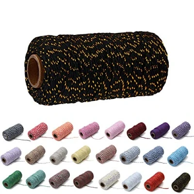 Imagen de 100 Yardas/2 mm Cuerda de algodón Colorida artesanía, cordón para Tejer la Embalaje Regalo Artesanal (Oro y Negro)