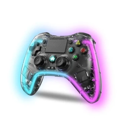 Imagen de NK Mando para PS4 / PC/Android Wireless Controller con Dualshock, 6 ejes, 2 botones MACRO, 7 Modos de Luz LED, Panel Táctil, Entrada Auriculares, Cable Carga incluido Negro Transparente