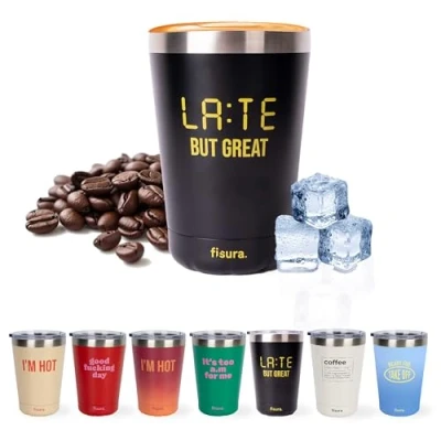 Imagen de Fisura Vaso termo original. café para llevar granate. Taza de 310 ml. térmica acero inoxidable. Libre BPA. coche. (Late, negro)