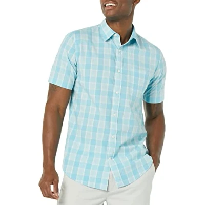Imagen de Amazon Essentials Camisa de Popelín Manga Corta y Ajuste Entallado Hombre, Azul Claro Blanco Cuadros Escoceses, XXL