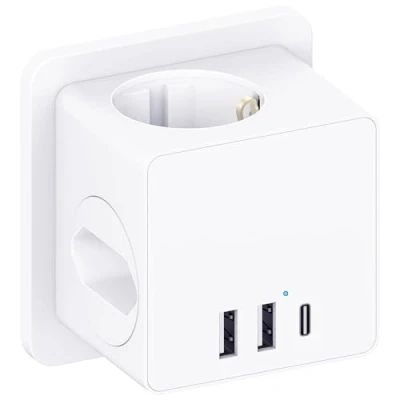 Imagen de Ladron Enchufes con USB C, Triple Multiple 3 USB, 6 en 1 Cubo Cargador Ladrón Enchufes, Pared Interruptor, Regleta Compatible Hogar Oficina (White)