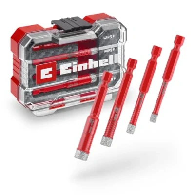 Imagen de Einhell XS CASE Juego de brocas diamante para azulejos (4 piezas, corte seco, 7 mm, relleno parafina, borde turbo superfino, vástago E 6.3, incluye caja almacenamiento)
