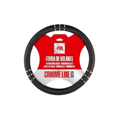 Imagen de +PWR Car Parts Funda de Volante Modelo Chromeline Negra Universal para Volantes Turismos 37 a 39 cm. Antideslizante. Fabricada en 100% PVC