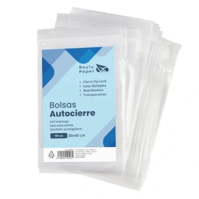 Imagen de RAYLU PAPER Bolsas Auto Cierre Zip, Pack de 100 Plástico Transparente Reutilizables, usos Múltiples, Hecho en Europa (30 x 40)