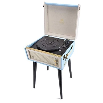 Imagen de GPO Bermuda Reproductor de vinilos con patas desmontables, Bluetooth y altavoz incorporado Azul