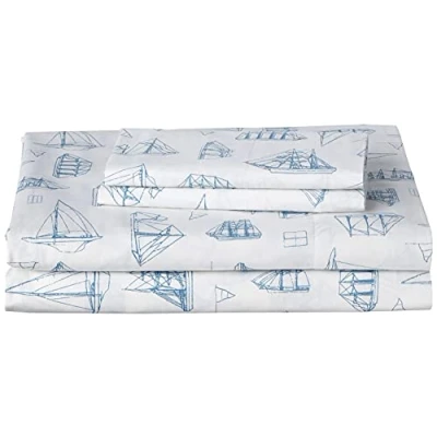 Imagen de Nautica Juego de sábanas Queen, Ropa Cama percal algodón, Fresco y Fresco, Ligero Transpirable (Azul Vela Madera Blanca, 4 Piezas, Queen)