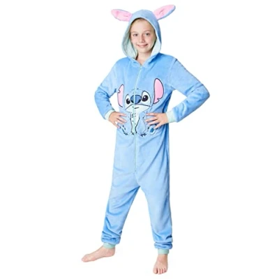 Imagen de Disney Pijama de Una Pieza para Niñas Entero Niña Polar Invierno Mono Stitch Minnie Jack Skellington (Azul Stitch, 11 12 Años)