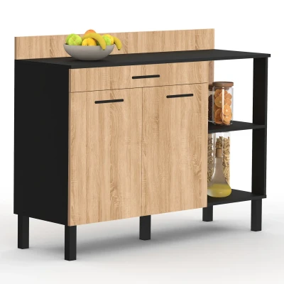 Imagen de IDMarket Aparador bajo de cocina 120 cm CINA encimera H.83 2 puertas + cajón negro y forma haya