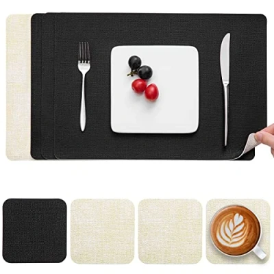 Imagen de Myir JUN Manteles Individuales y Posavasos, Salvamanteles de Cuero Juego 4 Mantel Individual Lavables Antideslizant Mesa Impermeables (Crema Negro, 4)