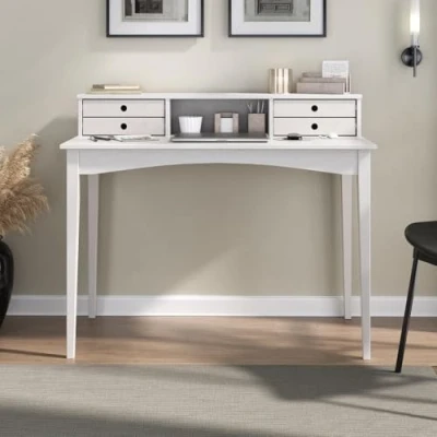 Imagen de IDIMEX Escritorio Milano con 4 cajones y 1 compartimento blanco de madera maciza pino maciza, mesa ordenador almacenamiento para oficina en casa