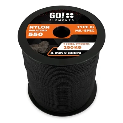 Imagen de GO!elements 300m Paracord de Nylon a Prueba desgarros 4mm 550 Typo III Cuerda Adecuado como Yute &amp; Gruesa MAX. 250kg, Color: Negro