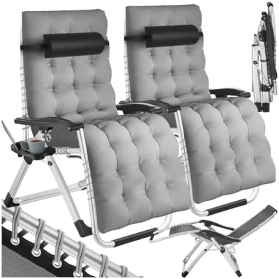 Imagen de TecTake® Silla Tumbona Plegable para Playa y Jardín, Cojín Cabezal Extraíble, Estructura de Acero, Mesa Auxiliar, Ideal como Camping Picnic, Exterior Terraza 2 Tumbonas Gris Claro